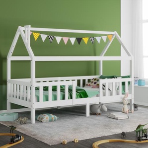 Kinderbett Hausbett 90 x 200 cm mit Rausfallschutz und Lattenrost Einzelbett aus Massivholz für Kinder und Jugendzimmer Weiß