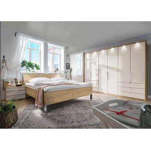 XL Schlafzimmer Set in Beige und Eiche Bianco glasbeschichtet (vierteilig)