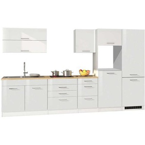 Hochglanz Küchenblock in Weiß 350 cm breit (achtteilig)