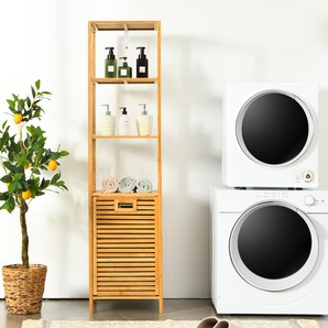 Badezimmer Hochschrank mit Wäschekorb aus Bambus mit Regalen Ideal für Bad  40 x 33 x 160 cm Natur