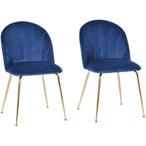 HOMCOM 2er-Set Küchenstühle Esszimmerstühle mit Rückenlehne Polyester-Gewebe Metallbeine Blau+Gold 52 x 52 x 81 cm