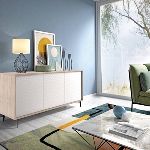 Dmora Modernes Sideboard, 100% Made in Italy, Buffet mit 3 Türen und 1 verstellbarem Regal, Elegantes Wohnzimmer-Sideboard, 184x45h77 cm, Farbe WeiÃŸ und Eiche