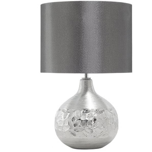 Tischlampe Silber geschwungener Porzellanfuß Stoffschirm Grau Kabel mit Schalter Moderner Glamouröser Stil