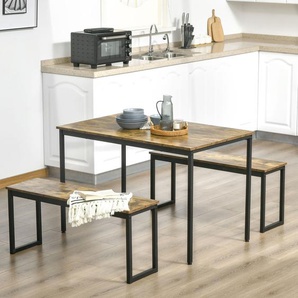 HOMCOM Küchentisch-Set Industriell Esstisch mit 2 Bänken Essgruppe Esstisch Set für Wohnzimmer Metall Rustikales Braun 30 x 100 x 40 cm