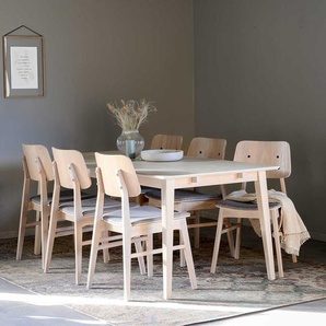 Komplette Essgruppe in Holz White Wash und Hellgrau sechs Stühlen (siebenteilig)