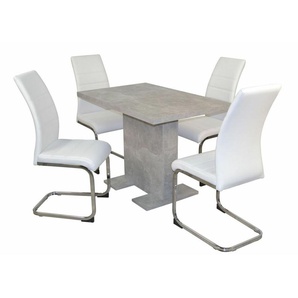 Essgruppe, Tischgruppe 5-teilig, Tisch Betonoptik Grau/stühle Weiß Sitzgruppe