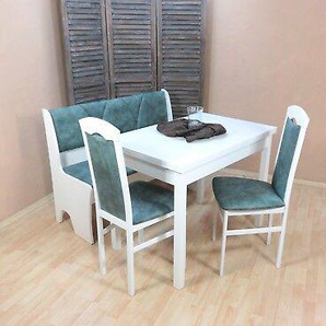 Essgruppe 4-tlg. Esstisch-ausziehbar Truhenbank Stühle Farbe: Weiß/opal-vintage