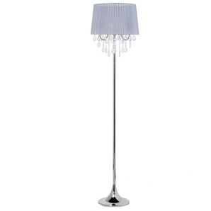 Stehlampe Grau Metall 170 cm 3-flammig Stoffschirm mit Kristallen aus Acrylglas Kronleuchter-Optik Kabel mit Schalter Glamourös