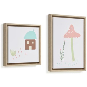 Kave Home - Set Leshy aus 2 Bildern blaues Haus und rosa Pilz 30 x 30 cm / 30 x 40 cm