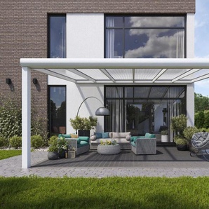 Terrassenüberdachung aus Aluminium in Matt Weiß in 500 x 300 cm mit Klar Polycarbonat mit LED Lampen