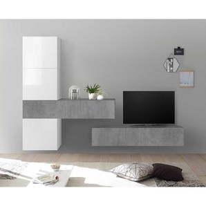 Fernseher Wohnwand in Weiß Hochglanz und Beton Grau Wandmonatage (fünfteilig)