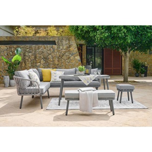 Ambia Garden Gartenset , Grau , Metall, Kunststoff, Glas, Textil , 5-teilig , Füllung: Schaumstoff, Polyester , 224x220 cm , Balkonmöbel, Balkonmöbel-Sets