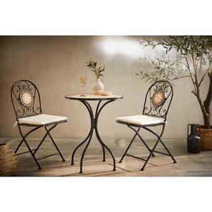 Ambia Garden Balkonset , Mehrfarbig, Schwarz, Weiß , Metall, Textil, Stein , 3-teilig , Füllung: Schaumstoff , Rundrohr, Flachrohr , 60x42x70 cm , Stuhl klappbar , Balkonmöbel, Balkonmöbel-Sets