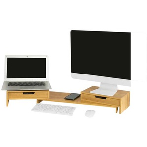 BBF04-N Design Monitorerhöhung für 2 Monitore Monitorständer Bildschirmständer Notebookständer Schreibtischaufsatz mit 2 Schubladen breitenverstellbar Bambus BHT ca.: 60-108x11x22cm
