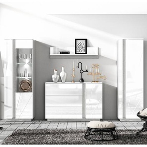 Esszimmer Möbel Set in Beton Optik mit weiß Glanz LAGONEGRO-131, B/H/T ca. 297/201/40 cm