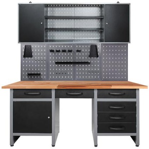Werkbankset , Anthrazit, Grau , Holz, Metall , Buche , 1 Fächer , 6 Schubladen , 160x205x60 cm , FSC , Freizeit, Heimwerken, Werkstatt