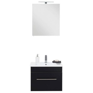 Badmöbel Waschplatz Set mit Mineralguss-Waschtisch und LED-SpiegelschrankLAGOS-02 Seidenglanz schwarz, B x H x T ca. 60,5 x 195 x 46,3cm