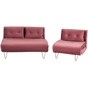 Sofa 3-Sitzer Set Rosa Samtstoff Sitzgruppe Schlaffunktion Verstellbare Rückenlehne Zierkissen Modern Wohnzimmer