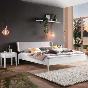 Doppelbett massiv Buche weiss in modernem Design Polsterkopfteil in Grau