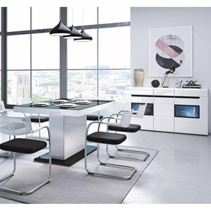 Ausziehbarer Esstisch mit Sideboard in weiß mit weiß Hochglanz und schwarz HERNING-83