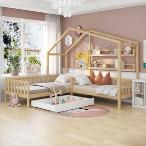 Kinderbett Hausbett mit Schubladen und Regalen, Massivholz mit Zaun und Lattenrost, L-Struktur, Natur (90x200 cm+140x70cm)