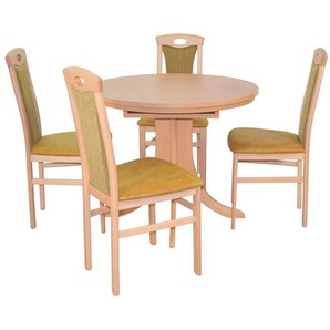 Tischgruppe 2410-4581, 5-teilig, Natur / Gelb, 1 Tisch, Rund Und 4 Stühle
