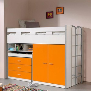 Hochbett BONNY-12 mit Schreibtisch und Stauraum - Liegefläche 90x200cm - weiß & orange - Stellmaß B/H/T: 227/150/95cm