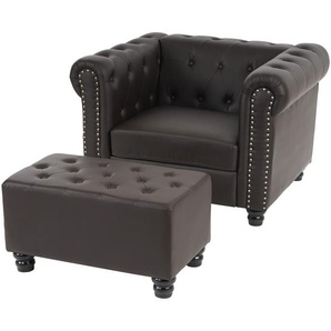 Luxus Sessel Loungesessel Relaxsessel Chesterfield Kunstleder ~ runde Füße, braun mit Ottomane