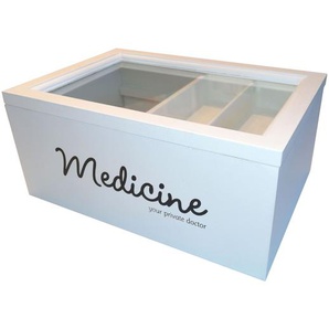 Medizinbox aus Holz 25 x 17 x 11,5 cm weiß Aufbewahrung Glasdeckel Sortierkasten