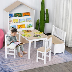 HOMCOM Kindersitzgruppe mit Kindermöbel Kindertisch Kinderstuhl Kinderbank für 3+ Jahre Kinder Kiefernholz MDF Natur+Weiß