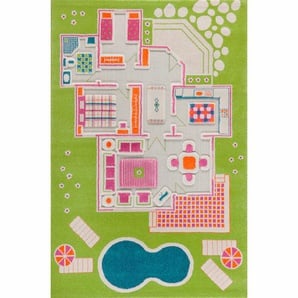 Design Spielteppich und Kinderteppich Puppenhaus Villa mit 3D-Effekt, grün, in 3 Grössen erhältlich