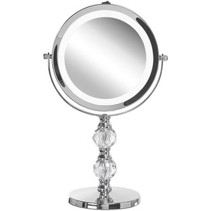 Schminkspiegel Silber Eisen rund doppelseitig drehbar mit LED Licht Ständer 5-fach Vergrößerung Modern Kosmetikspiegel Tischspiegel