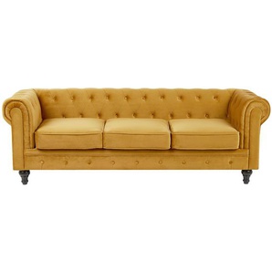 Sofa Senfgelb Samtstoff 3-Sitzer Chesterfield Stil Glamourös Wohnzimmer