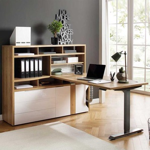 Büromöbel Set in Weiß und Eiche Optik höhenverstellbarem PC Tisch (zweiteilig)