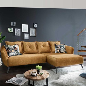 L Sofa mit Kissen in Ockergelb und Schwarz Microvelours und Metall