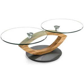 Design Couchtisch mit zwei runden Glasplatten Asteiche Massivholz