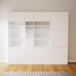 Schrankwand Weiß - Moderne Wohnwand: Schubladen in Weiß & Türen in Weiß - Hochwertige Materialien - 264 x 233 x 34 cm, Konfigurator
