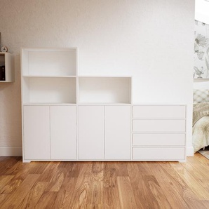 Regalsystem Weiß - Regalsystem: Schubladen in Weiß & Türen in Weiß - Hochwertige Materialien - 226 x 158 x 34 cm, konfigurierbar