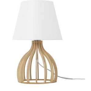 Tischlampe Weiß Holz 36 cm Stoffschirm Lampenfuß in Gitteroptik Kabel mit Schalter Landhausstil
