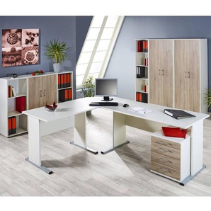 Büromöbel Set STETTIN-16 weiß, Sonoma Eiche, Eck-Schreibtisch mit Container, 3 Aktenschränke, 3 Aktenregale