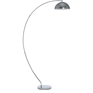 Stehlampe Silber Metall 188 cm verchromt runder Schirm geschwungen Bogenform langes Kabel mit Schalter Bogenlampe Industrie Look Wohnzimmer