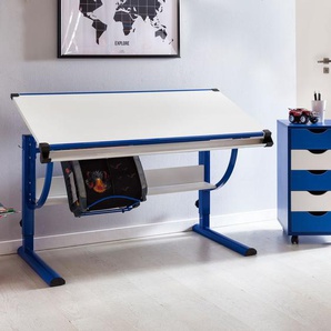 Design Kinderschreibtisch Holz 120 x 60 cm blau / weiß | Jungen Schülerschreibtisch neigungs-verstellbar | Schreibtisch Kinder höhenverstellbar