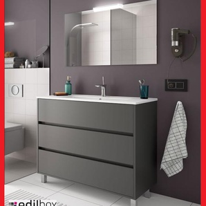 Badmöbel Set Montiert 100 Cm Waschtisch Badezimmermöbel Mit Spiegel Grau Modern