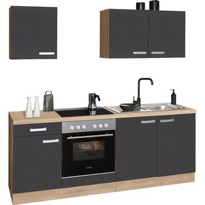 A (A+++ bis D) Küchenzeile OPTIFIT Leer Komplettküchen-Sets Gr. B/T: 210 cm x 60 cm, Küchenzeile, ohne Geschirrspüler, grau (küche: anthrazit, eiche hell, arbeitsplatte: eichefarben, korpus: eichefarben) Küchenzeile Küchenzeilen mit Elektrogeräte Breite