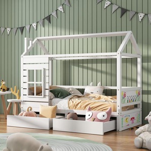 Kinderbett Hausbett (90 x 200 cm Holzbett) mit Rausfallschutz und Lattenrost mit zwei Schubladen weiß