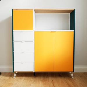 Aktenschrank Gelb - Büroschrank: Schubladen in Weiß & Türen in Gelb - Hochwertige Materialien - 115 x 129 x 34 cm, Modular