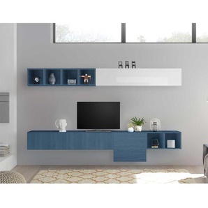 Design Anbauwand in Blau und Weiß Hochglanz modern (neunteilig)