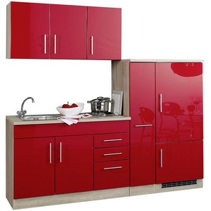 Single-Küchenzeile 210 TERAMO-03 Hochglanz Rot Breite 210 cm inkl. Kühlschrank B x H x T ca. 210 x 200 x 60cm