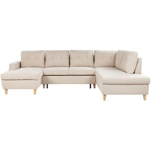 Sofa mit Schlaffunktion Beige Leinen U-Form Ecksofa mit Stauraum 4-Sitzer Schlafsofa für Wohnzimmer
