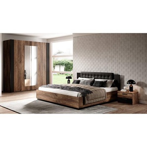 Bett mit Lattenrost, Liegefläche 160 x 200 cm und Kleiderschrank SOLMS-83 in Flagstaf Eiche dunkel Nb. und kupferrot, kombiniert mit schwarz